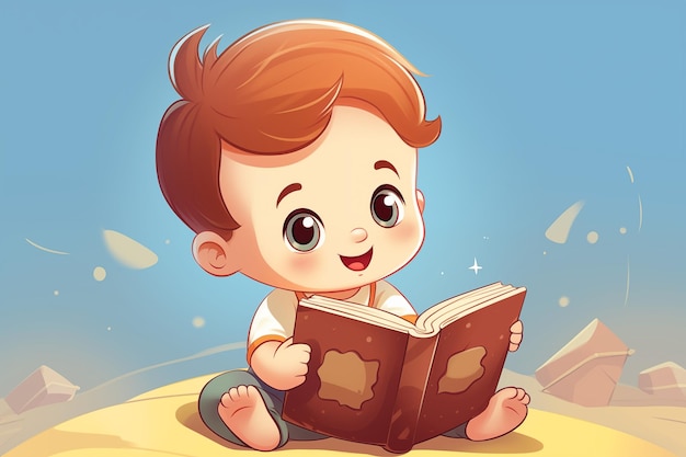 Uma criança alegre segurando um livro em rios Uma criança pequena senta-se a ler um livro Gerar Ai