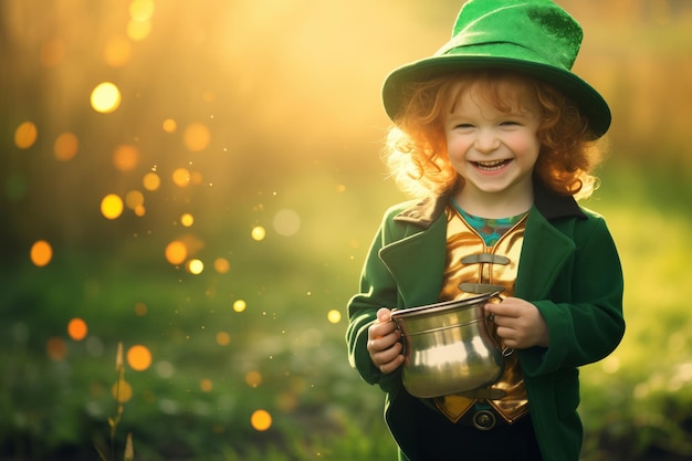 Foto uma criança alegre vestida como um duende segura um pote de moedas de ouro com um fundo brilhante
