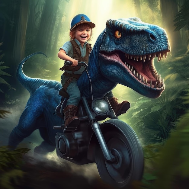 uma criança andando de moto com um dinossauro