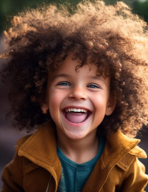 Uma criança animada e enérgica com cabelo encaracolado selvagem