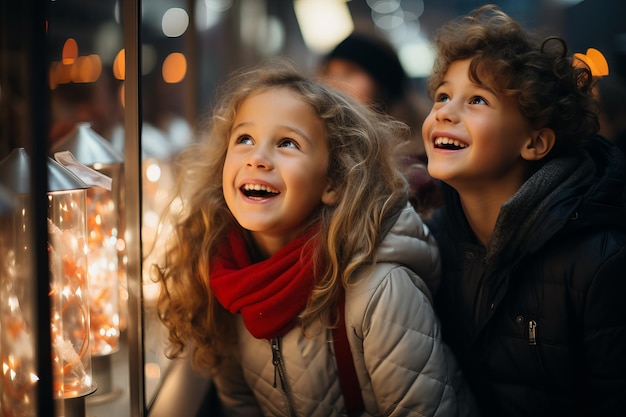 Uma criança animada olhando para a vitrine de uma loja decorada para o Natal e os feriados