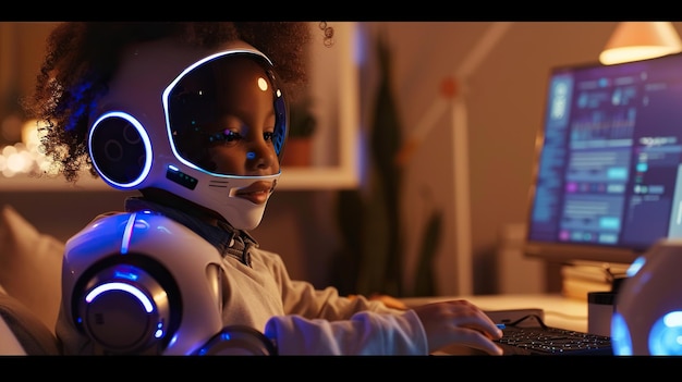 Uma criança aprendendo com um tutor robótico alimentado por IA em casa educação interativa e personalizada com sorriso