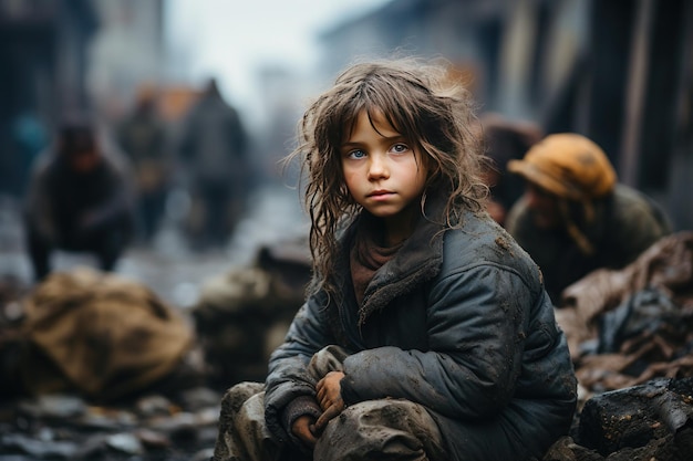 Uma criança assustada e solitária sem pais na guerra na Ucrânia