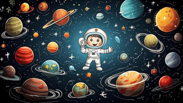 Uma criança astronauta em um traje espacial está flutuando no espaço cercada de planetas e estrelas