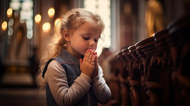 Uma criança bonita a rezar na igreja.