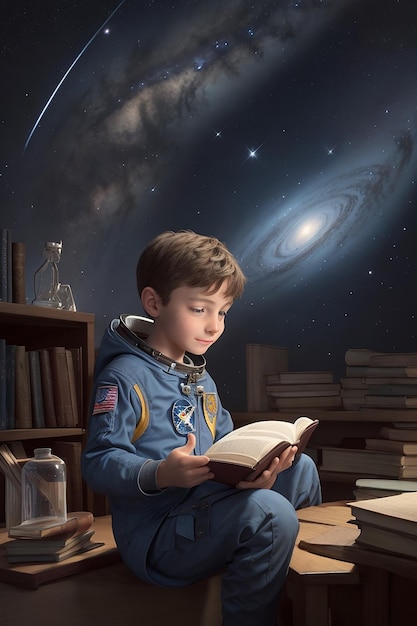 Uma criança bonita lendo um livro Foto gerada por Ai