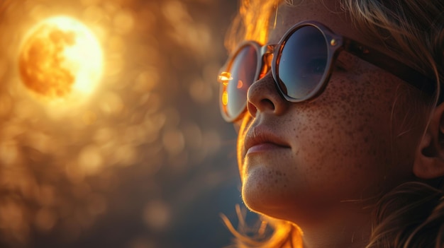 Uma criança bonita olha para o eclipse solar com óculos de sol