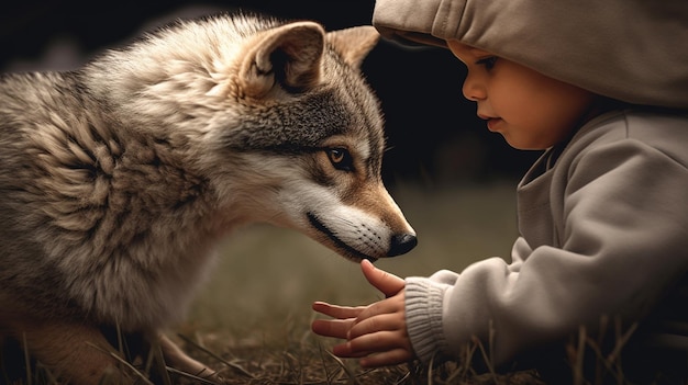 Uma criança brinca com um lobo