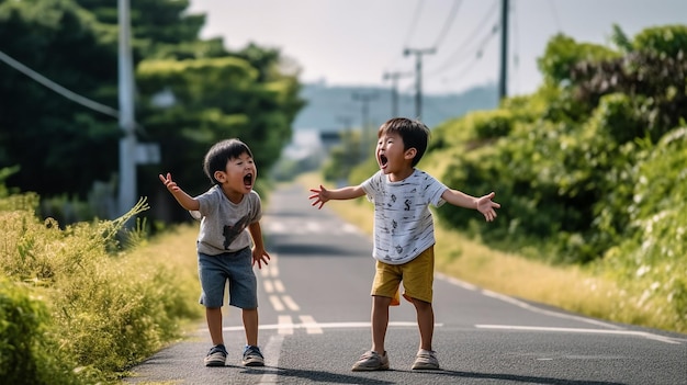 uma criança brincando com seus colegas na rua com um rosto feliz enquanto grita felizmente