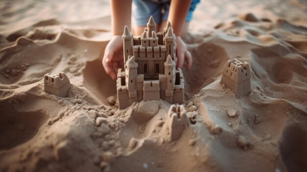 Foto uma criança brincando com um castelo de areia no meio da praia ai