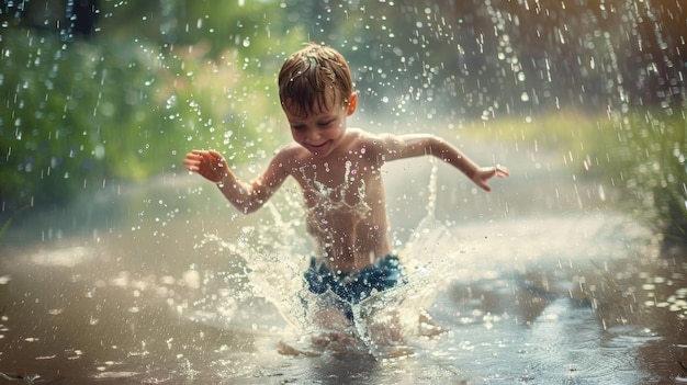 Uma criança brincando em um aspersor ou poça de lama sem saber praticando a terra e colhendo a saúde