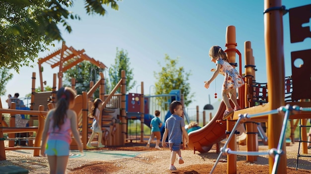 uma criança brincando em um playground com uma árvore ao fundo