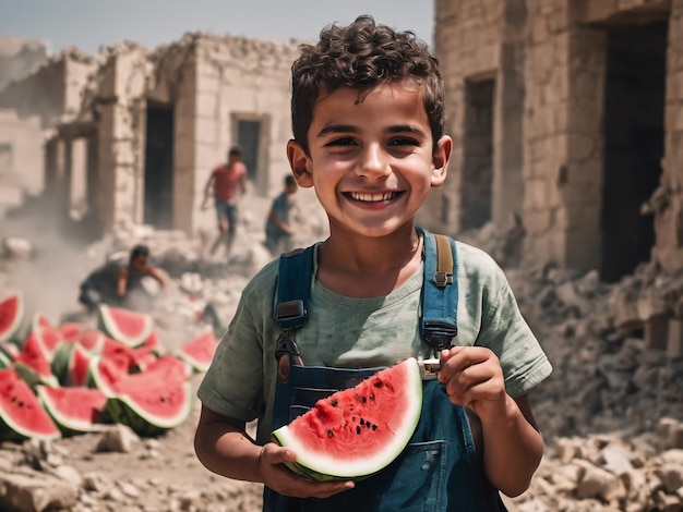 Foto uma criança carrega uma melancia como símbolo de apoio ao povo palestino