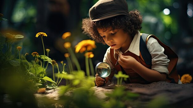 Foto uma criança cheia de curiosidade examina uma planta verde vibrante com uma lupa