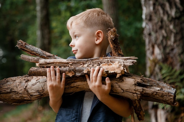 Uma criança coleta lenha na floresta. Pequeno lenhador. O menino está procurando velhos galhos de árvores. Criança e lenha. Tempo de outono. Menino com cabelo branco