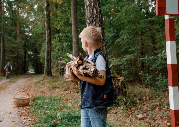 Uma criança coleta lenha na floresta. Pequeno lenhador. O menino está procurando velhos galhos de árvores. Criança e lenha. Tempo de outono. Menino com cabelo branco