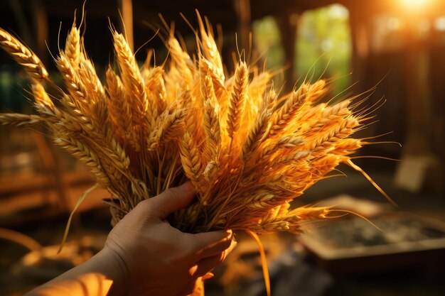 Foto uma criança com arroz jovem na mão no estilo de ouro claro e castanho claro ai gerado