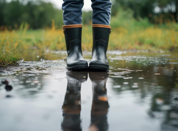 Foto uma criança com botas de borracha preta está em uma poça de lama em um dia chuvoso em um cenário natural