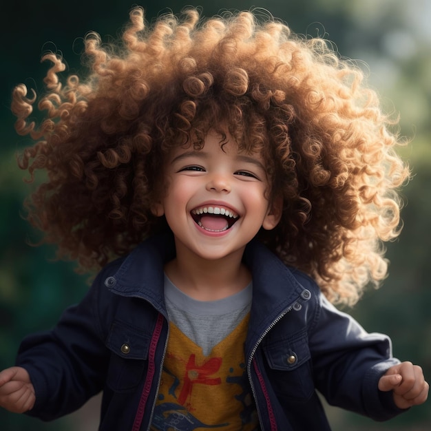 uma criança com cabelos rizados selvagens e um grande sorriso