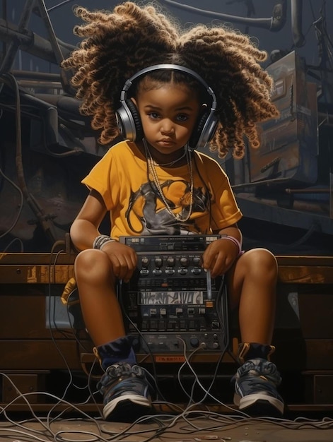 uma criança com fones de ouvido e uma camisa amarela com a palavra "música".