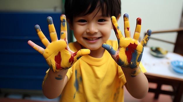 Foto uma criança com mãos pintadas com aquarela sorri felizmente gerada por ia