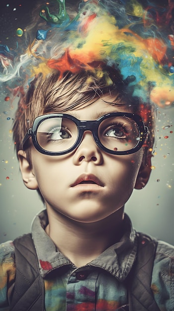 Uma criança com óculos e um arco-íris na cabeça