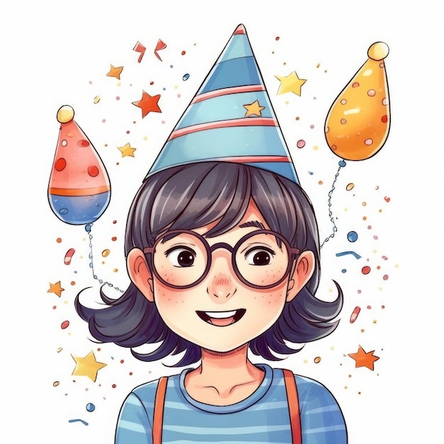 Foto uma criança com óculos e um chapéu está comemorando sua ilustração de desenho animado de aniversário com ai generativa