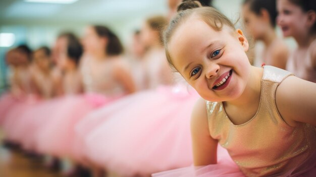 Foto uma criança com síndrome de down adornada com um tutu graciosamente ela faz ballet