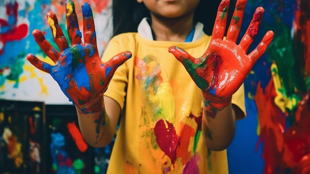 Uma criança com tinta nas mãos