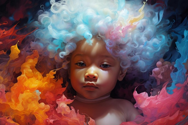uma criança com um cabelo colorido e cabelo colorido