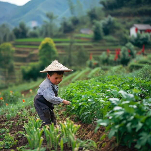 Foto uma criança com um chapéu num campo