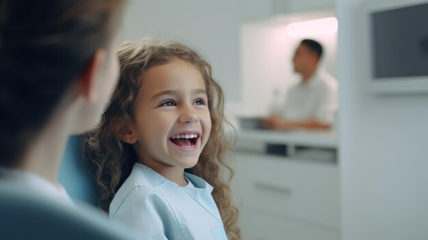 Uma criança com um dentista num consultório dentário