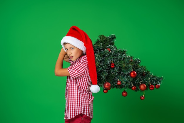 uma criança com uma árvore de natal decorada