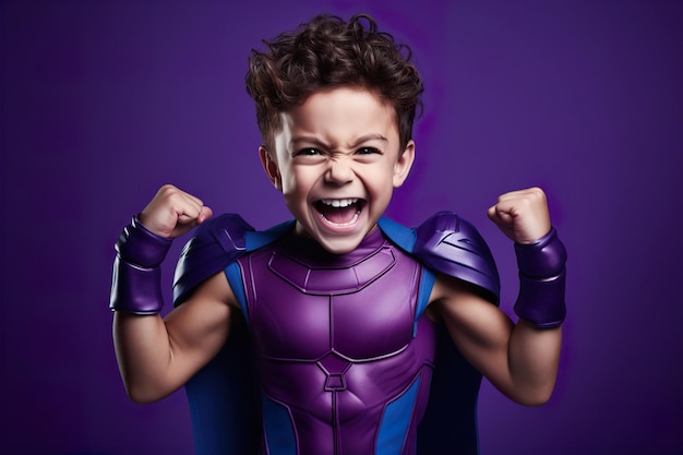Uma criança com uma fantasia roxa de super-herói mostra emocionantes emoções alegres
