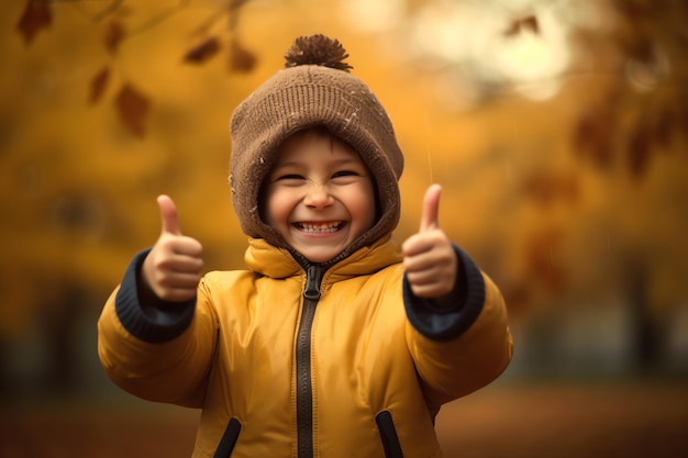 Uma criança com uma jaqueta amarela com a palavra 'feliz' na frente