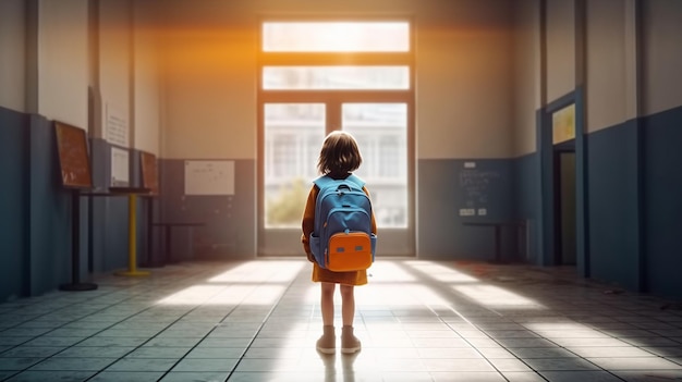 Uma criança com uma mochila caminha por um quarto escuro com uma janela que diz 'sou uma escola'