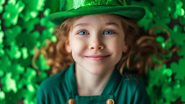 Uma criança com uma roupa festiva do Dia de São Patrício e um chapéu verde brilhante que personifica a alegria das tradições irlandesas é AI Generative