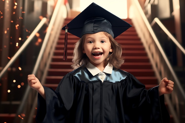 Uma criança comemorando a formatura