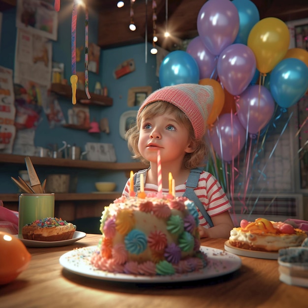 Uma criança comendo um bolo de aniversário perto de alguns balões