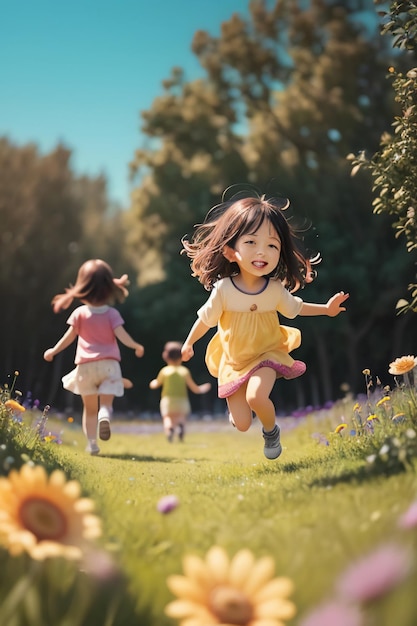 Uma criança correndo em um campo de flores