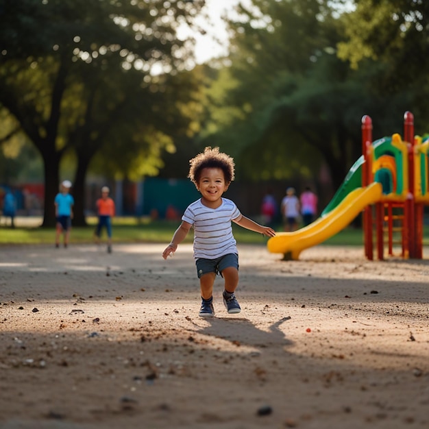 Foto uma criança correndo em um playground com um slide no fundo