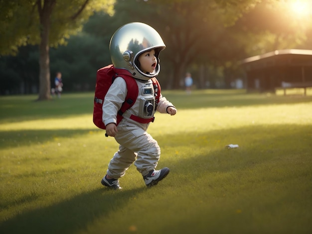 Uma criança correndo no parque com uma roupa de astronauta