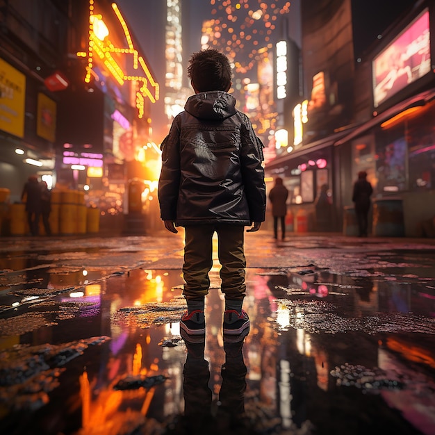 Uma criança curiosa se inclina sobre uma poça de chuva na calçada com a mistura de reflexos