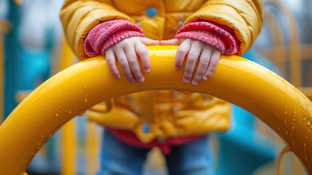 Uma criança de jaqueta amarela segurando um poste de metal no playground ai