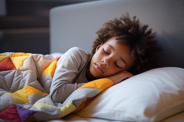 Uma criança de origem afro-americana dorme tranquilamente em um quarto aconchegante