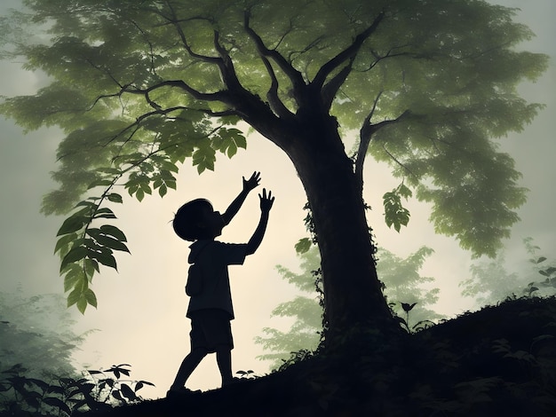 Uma criança de pé numa floresta com as mãos no ar.