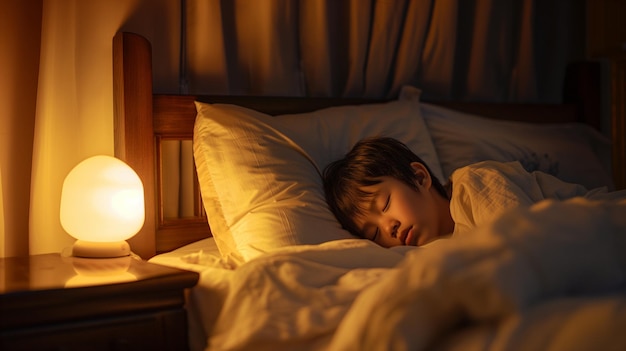 Uma criança dormindo na cama com uma luz do lado