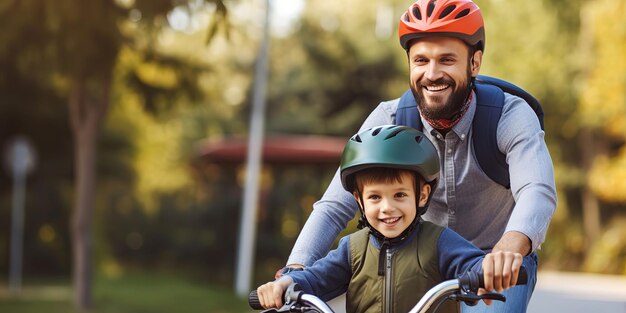 Uma criança e pai orgulhoso ensina seu filhozinho a andar de bicicleta