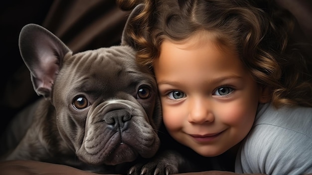 Foto uma criança e um cão estão deitados na cama em tons de cinza