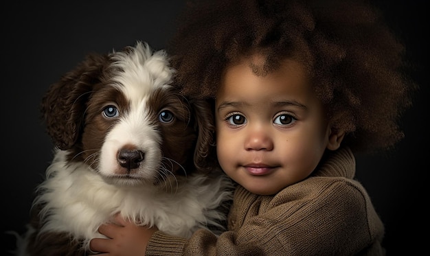 uma criança e um cão estão posando para uma foto com um cão